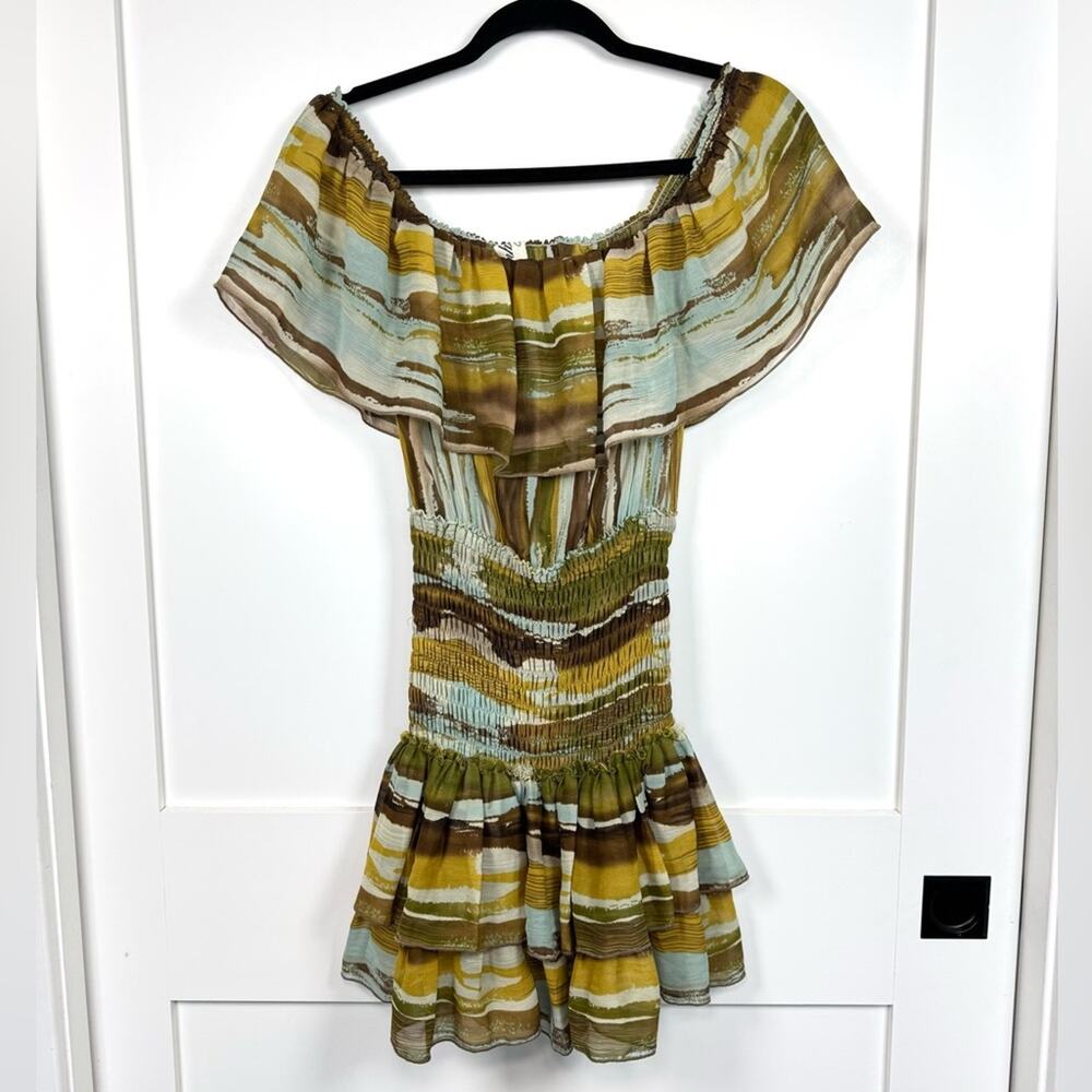Capuccino Off The Shoulder Smocked Ruffle Mini Dress Made in France Size XS